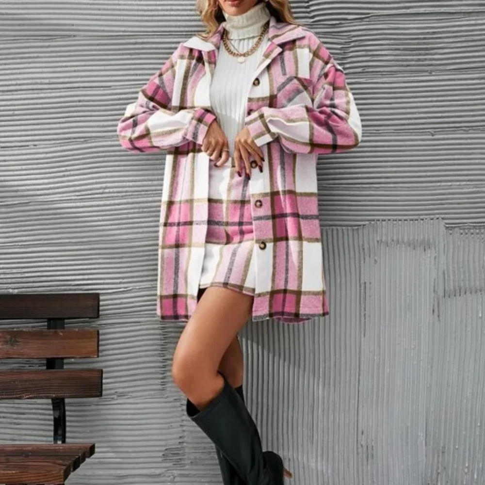 2 piece set Plaid Print Button Front Overcoat & Skirt Pink - Picture 4 of 5